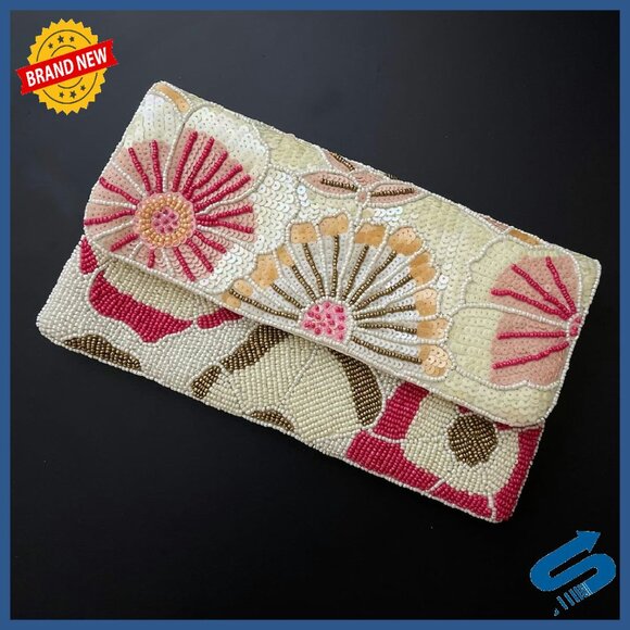 Handmade Beaded Clutch Evening Bag Compact Leather Purse Wedding Party